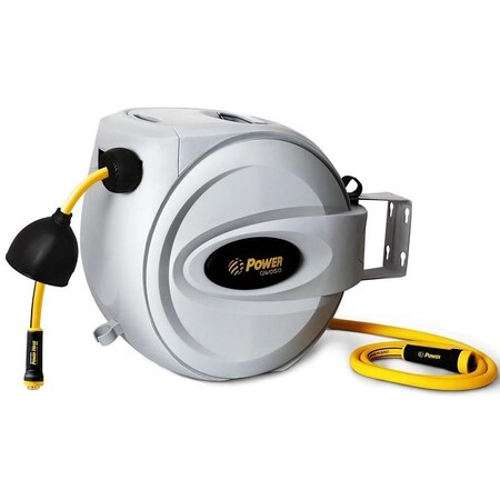 POWER Retractable Hose Reel 100 ft x 1/2? - Brass Fittings, Super Heavy Duty, 3 Layer Hybrid Hose, Slow Return System, Patented Nozzle Protector - Wall Mounted Water Hose Reel